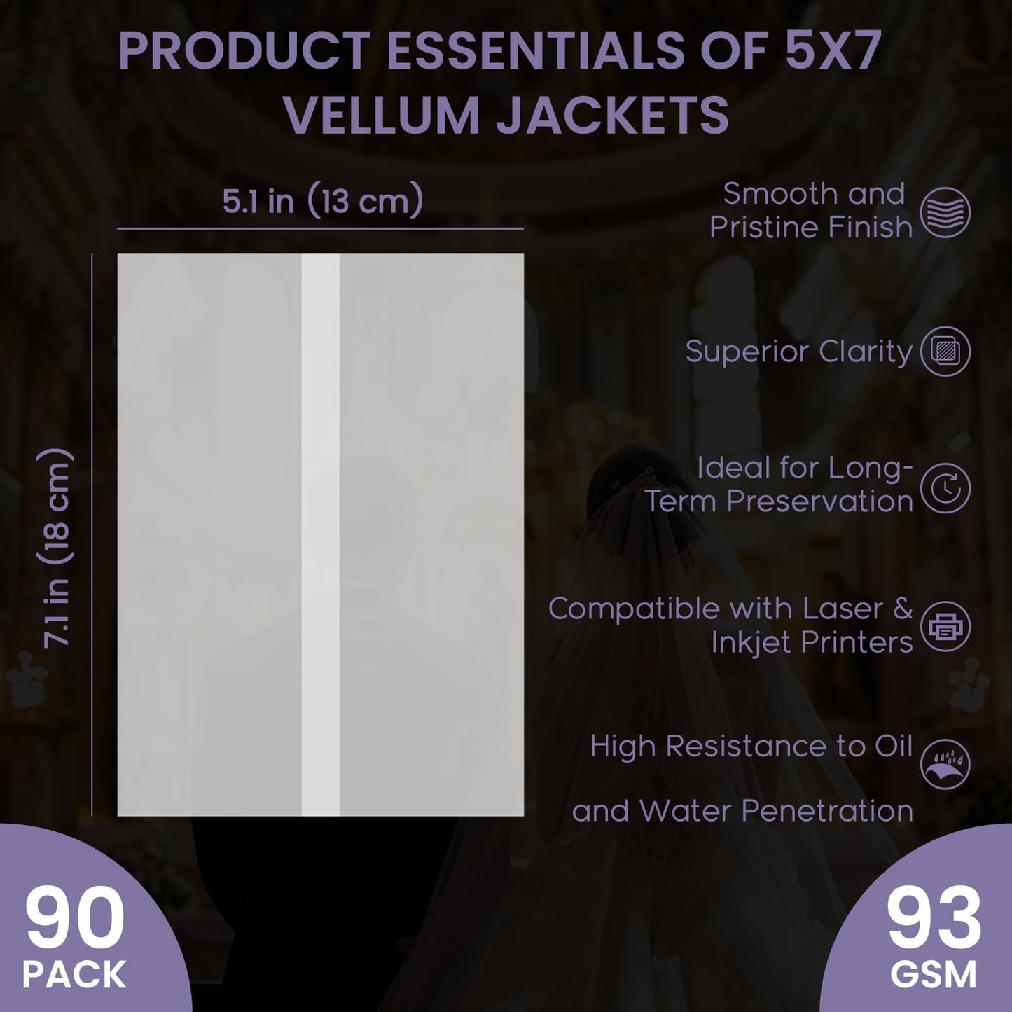 SuFly Pre-Folded Vellum Jackets for 5x7 Invitations, 90-Pack (60lb/93gsm) Translucent Vellum Paper 5x7 Sleeves, Invitation Jackets, Elegant Wedding Invitation Accessories, Envelope Liners, DIY Crafts.