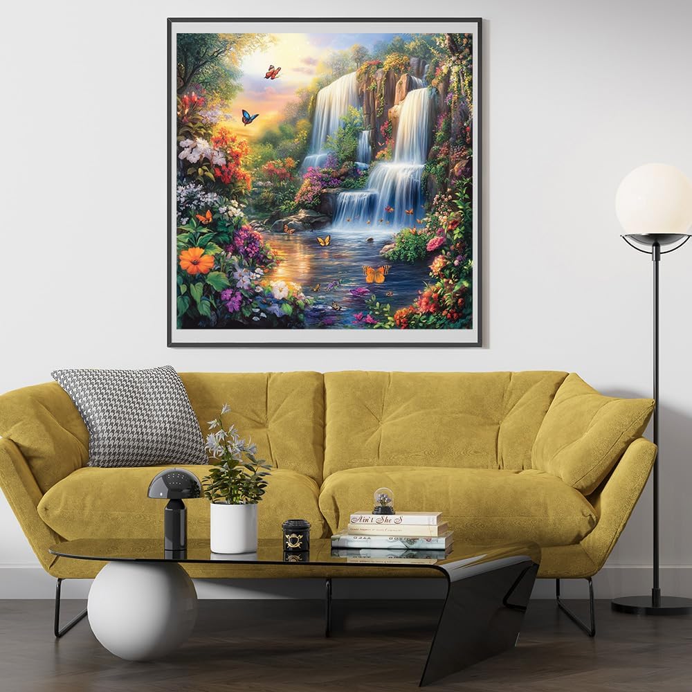 14ct Counted Stamped Cross Stitch Kits for Adults Mountain Waterfall Flowers Printed Cross Stitch Patterns Art Crafts Cross Stitch Supplies (Waterfall Mountain)