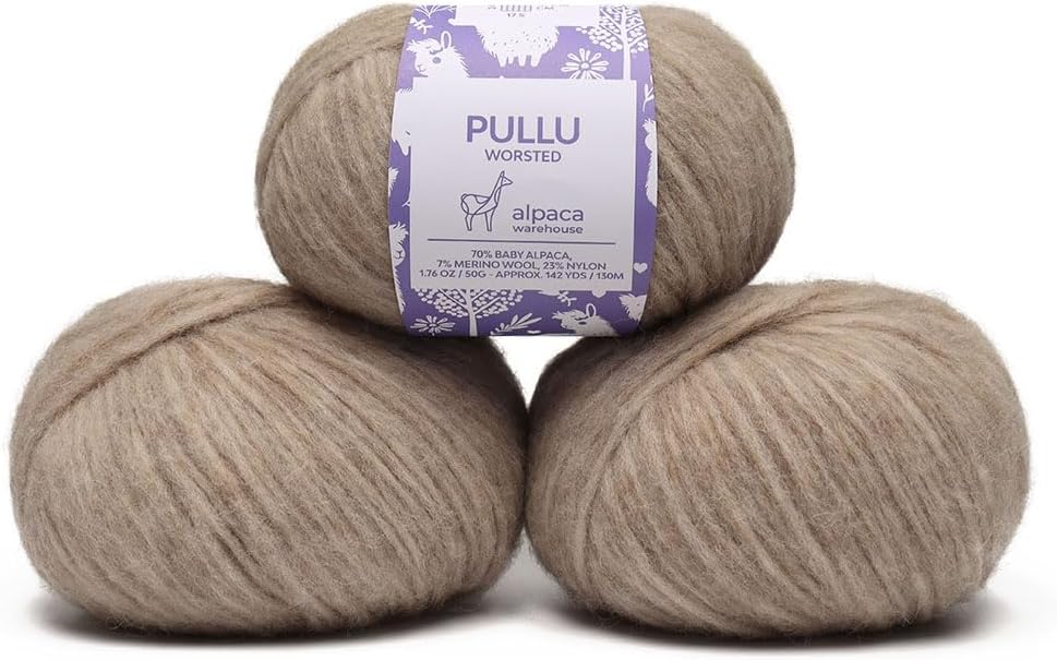Pullu - Baby Alpaca Merino Wool Yarn Set of 3 Skeins (150 Grams) Worsted Weight - Sourced Directly from Peru - Heavenly Soft and Perfect for Knitting and Crocheting (Heather Beige)