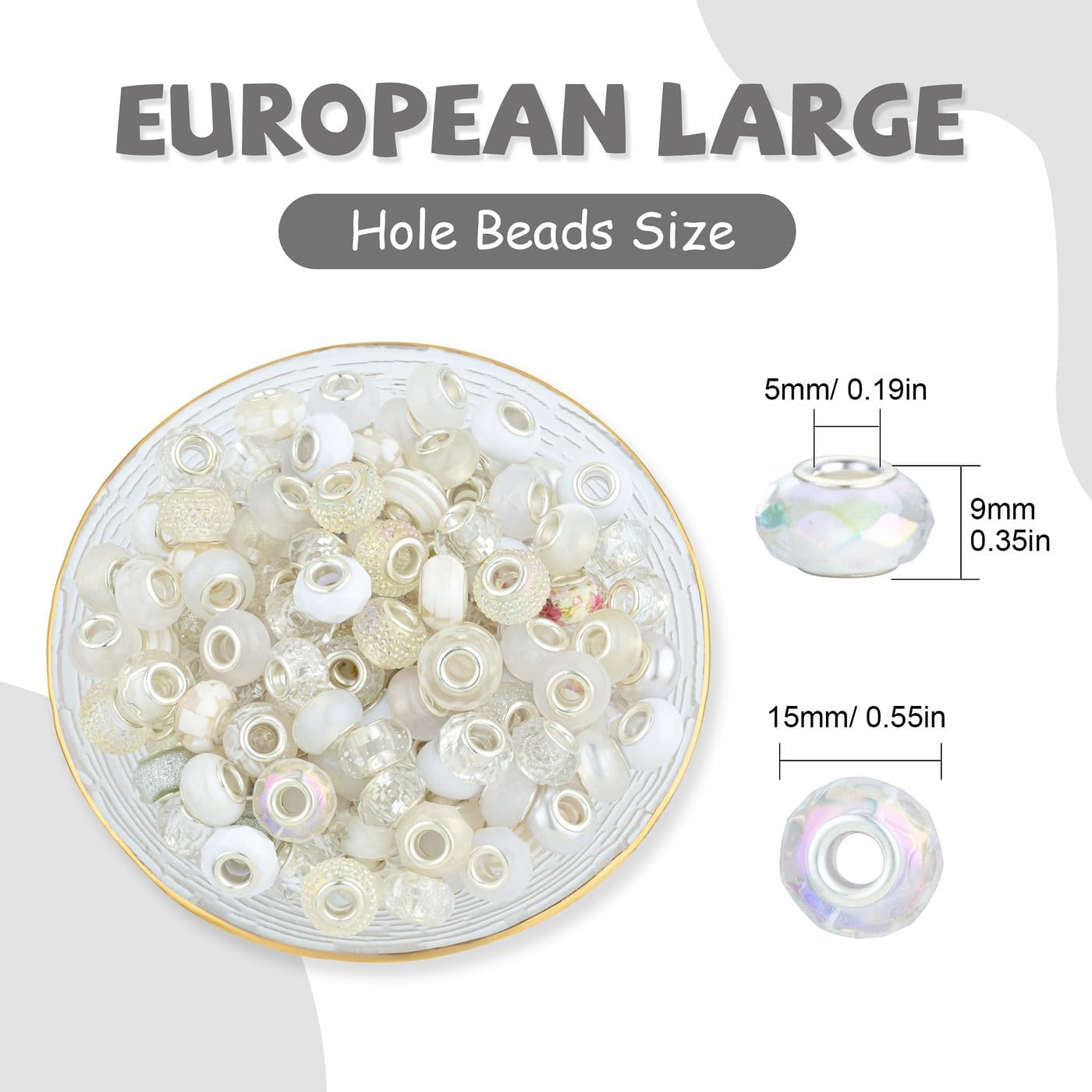 LAIDANLA White Mix Large Hole Beads, 100pcs 15mm Round European-Style Resin, Plastic, Acrylic Craft Beads for Jewelry Making, Bracelet, Necklace, Decoration