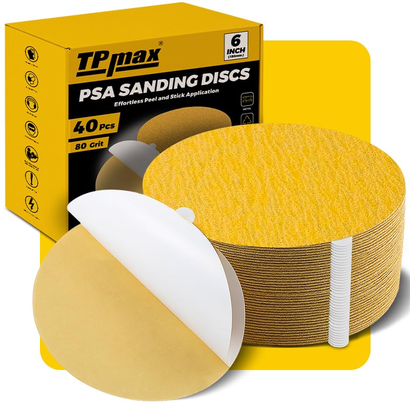 6-Inch 80-Grit Gold PSA Sanding Discs, 40 Pack – Pro-Grade Self-Adhesive Stickyback Sandpaper with Quick-Release Tabs for DA Sander, Medium-Coarse Automotive/Wood/Metal Sanding