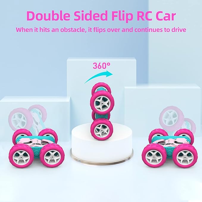Pink Remote Control Car for Girls, 360° Flipping Stunt Car with LED Headlights, Rechargeable 4WD Electric Toy Vehicle, Princess Gift for 6 7 8 9 10 11 Year Old Girls, Birthday & Christmas Toy