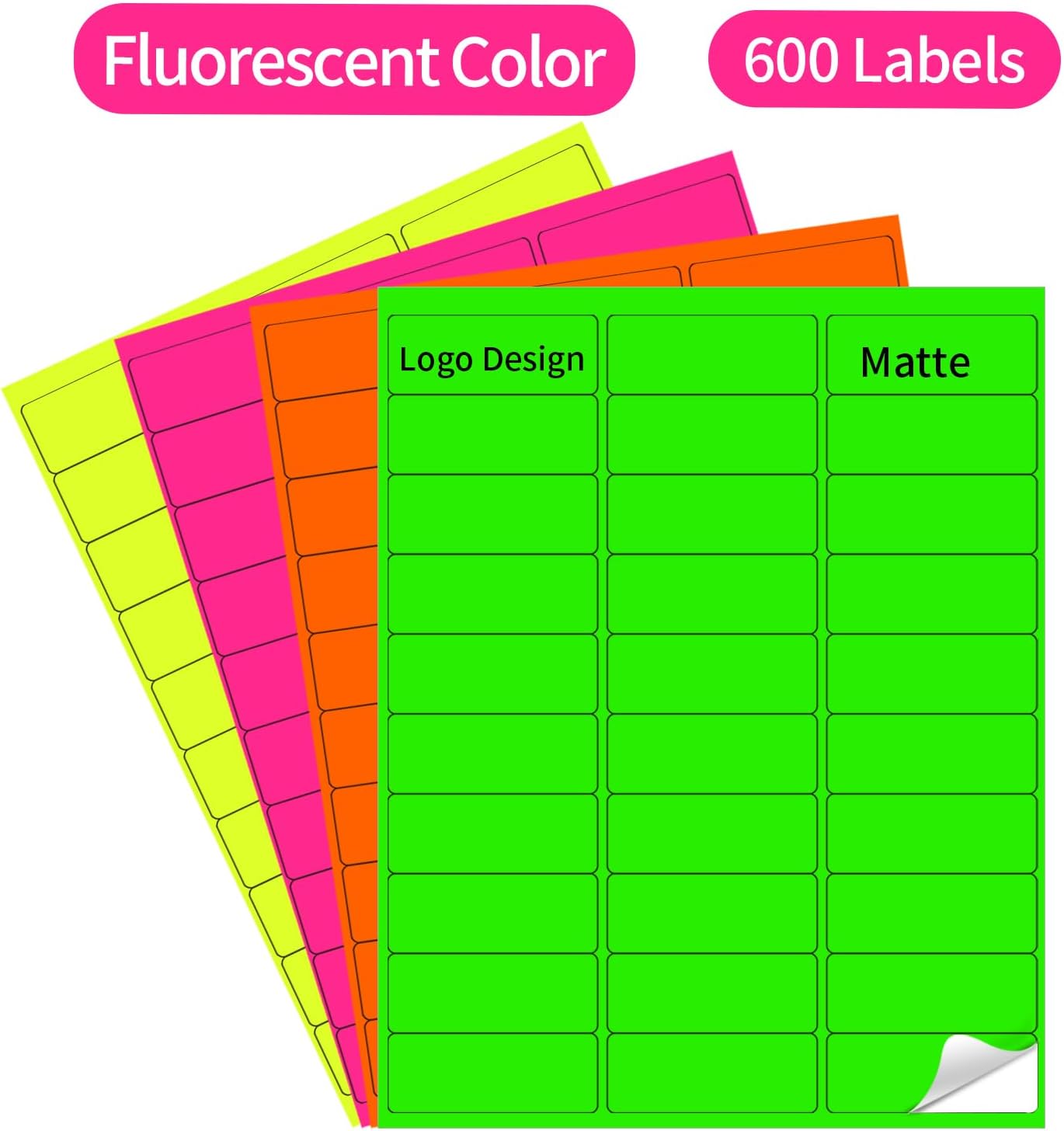 STARLIBOO 1" x 2-5/8" Neon Colored Labels Stickers Fluorescent Bright Neon Color Address Labels for Laser/Inkjet Printer, Permanent Adhesive- 600 Pcs/ 4Colors
