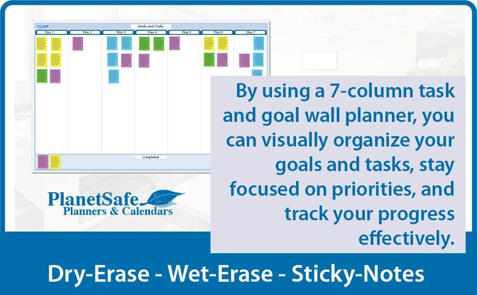 Sky Blue 7-Column Task, Goals & Objective Wall Horizontal Organizer 24" x 36". Complete with Marker
