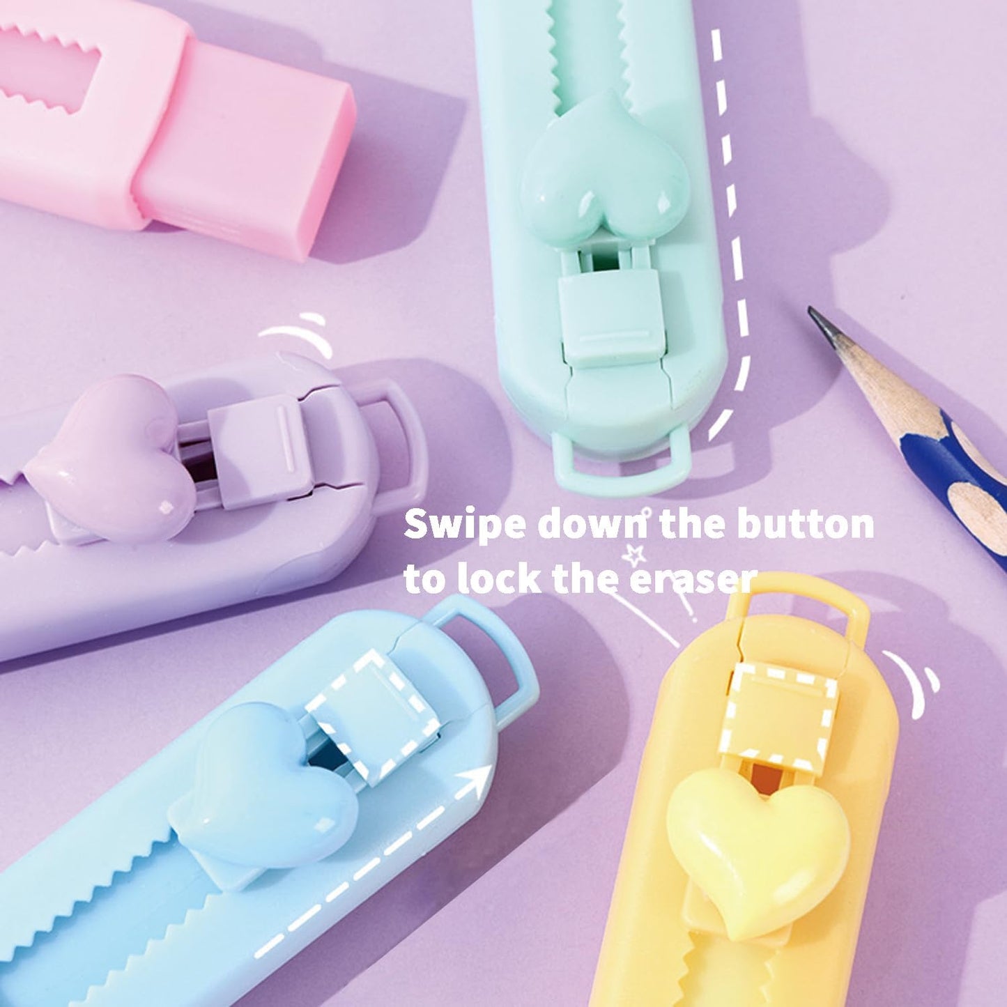 5 Pack Sliding Retractable Pencil Eraser with Plastic Sleeve, Large White Erasers for School Office, Art Erasers for Drawing