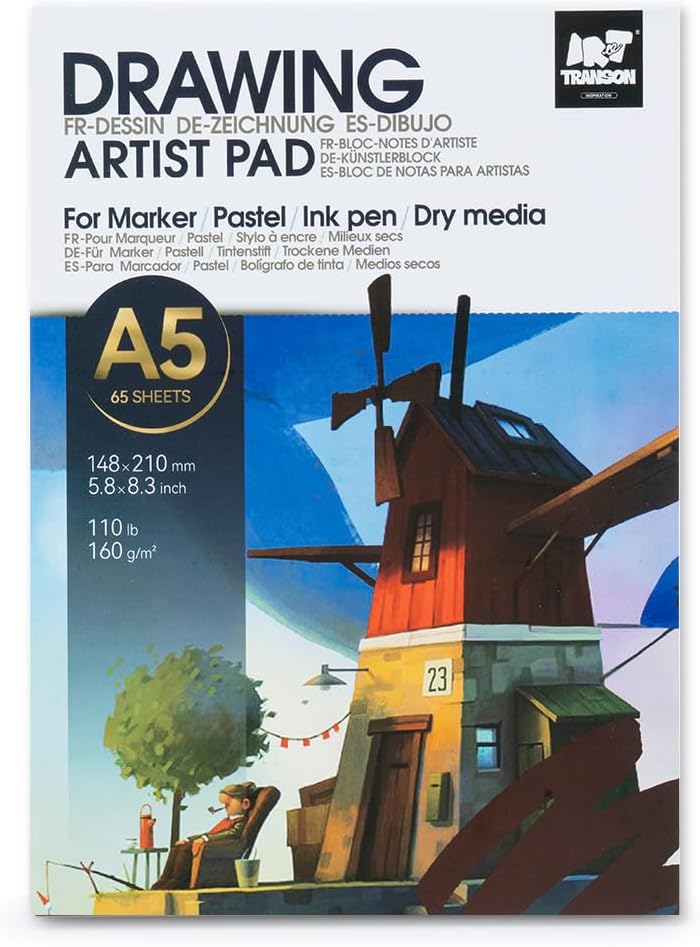 TRANSON Artist Mix Media Sketchbook Marker Pad, 5.8”x8.3” 65 Sheets A5 Art Papers, 110lb/160gsm for Painting, Drawing and Sketching