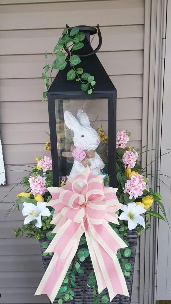 MEEDEE Pink White Stripe Wired Burlap Ribbon with Ivory Stripes Edge - 2.5 Inch, Light Pink (10 Yards) for Wreaths, Garland, Lantern, Mailbox Topper Bow