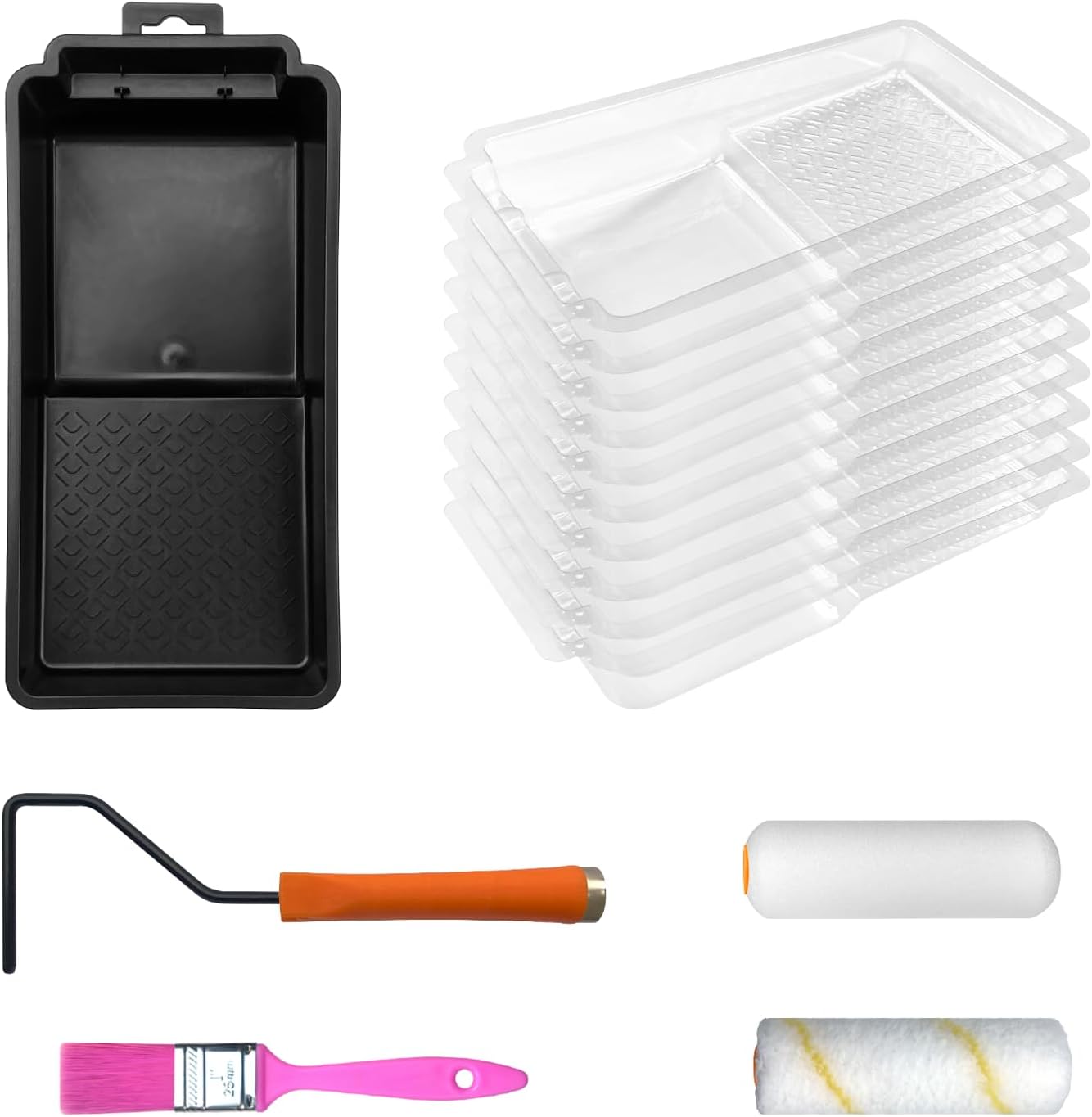 4-inch Paint Roller Tray Set, 15-Pack Painting Tool Kit - 11 Paint Tray & Liners, Foam & Microfiber Paint Roller, Roller Frame, Paint Brush for Painting Wall, DIY Project