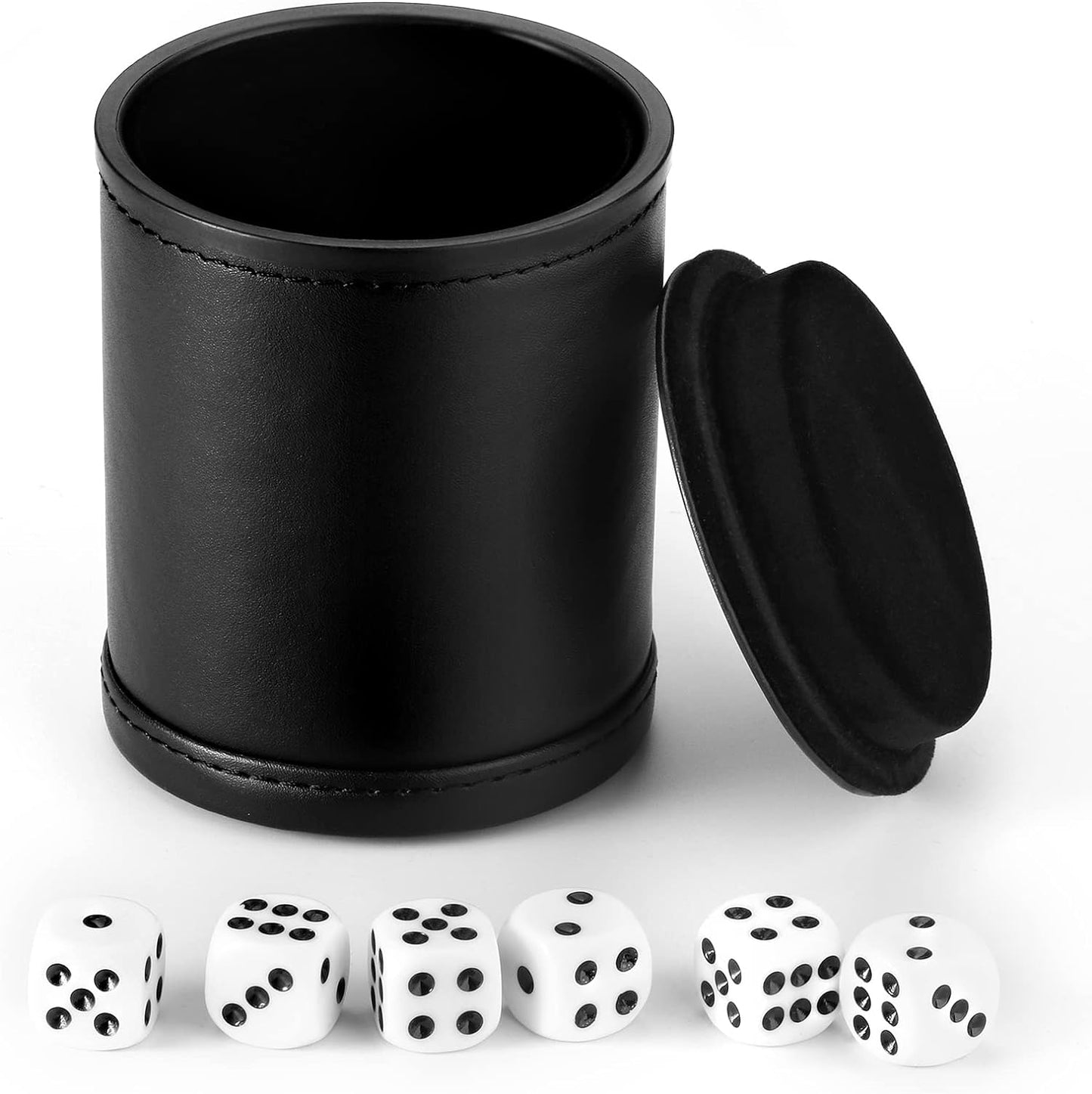 Felt Lined Dice Cup PU Leather Set, Quiet Shaker for Dice Board Family Games Yahtzee Farkle, Set of Six 16mm Rolling Dice Included
