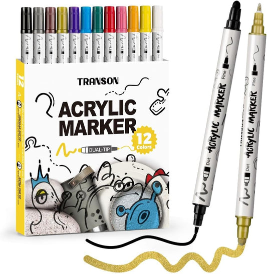 TRANSON 12 Color Bold and Fine Dual-tip Acrylic Paint Pen Set for Canvas Rock Wood Leather Ceramic DIY Painting