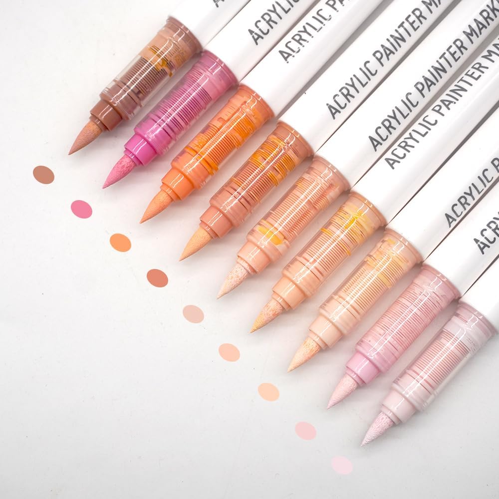 Water Based Acrylic Paint Markers, 9 Colors Acrylic Paint Pens Set with Soft Brush Tip, Marker Pen for Rock Painting, Egg, Wood, Glass, Paper, Mugs, Acrylic Painter Ink (Colour of Skin Series)