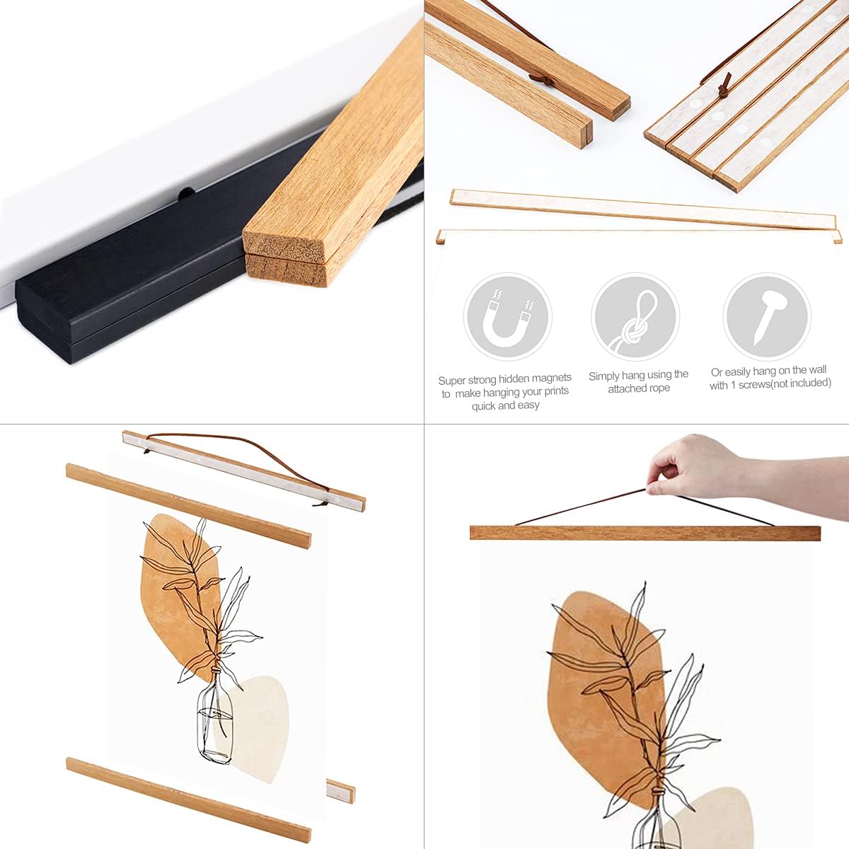 Ywlake Magnetic Poster Hanger, 17x24 17x11 17x22 Poster Frame Wood Wooden Magnet Print Posters Dowel Scroll Hanger Hangers Hanging Kit for Walls Map Canvas Artwork (Teak Wood, 17")