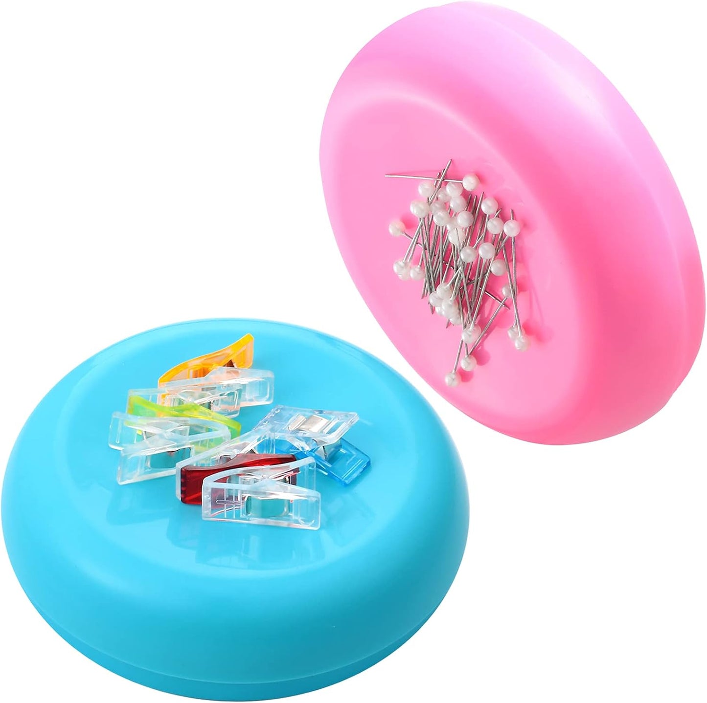Waydress 2 Pieces Magnetic Pin Holder Sewing Pincushion Round Paper Clip Holder Magnetic Cushion Sewing Pin Push Hairclip Storage Case Needle Cushion for Sewing DIY Project(Blue, Pink)
