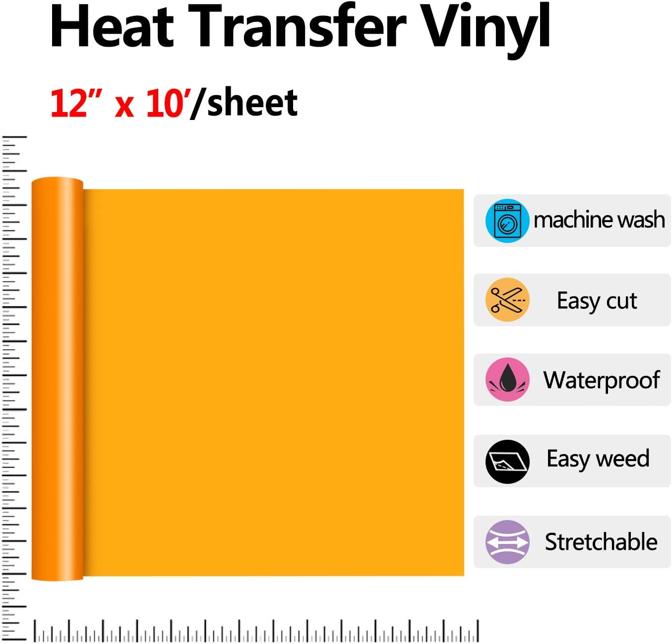 RENLITONG Orange HTV Iron on Vinyl 12Inch by 10ft Roll Heat Transfer Vinyl for T-Shirt HTV Rolls for All Cutter Machine - Easy to Cut & Weed for Heat Transfer Design