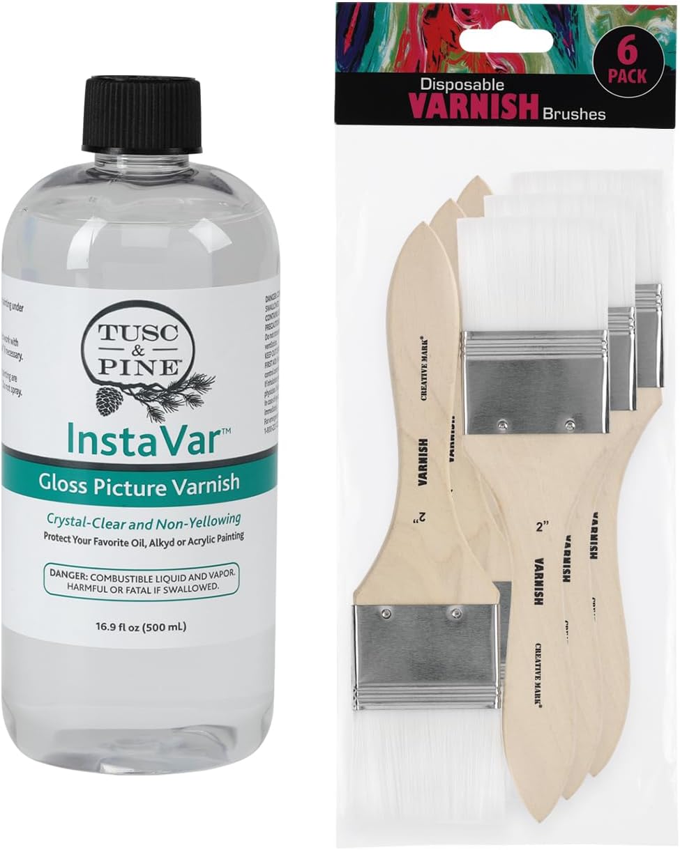 Jerry's Artarama InstaVar™ Gloss Picture Varnish & Varnish Brush Sets - Perfect for Varnish Paintings, Artists, Professionals, Restoration, & More! - 16.9oz Bottle w/ Set of 6 Brushes