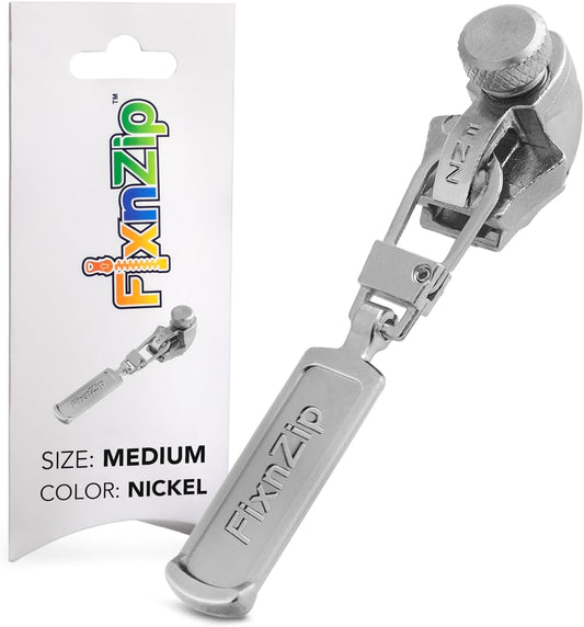 FixnZip (Medium, Nickel) - See Size Guide - Universal Zipper Repair Kit for Jackets, Luggage, Bags - Backpack Zipper Replacement Repair Kit - Instant Zipper Fix