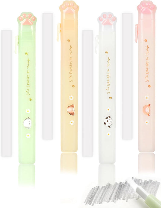 Benvo Retractable Cat Paw Erasers 4 Pcs with Refillable Rubbers Slim Erasers for Precise Erasing, Cute Eraser for Students, Artists, Office Use