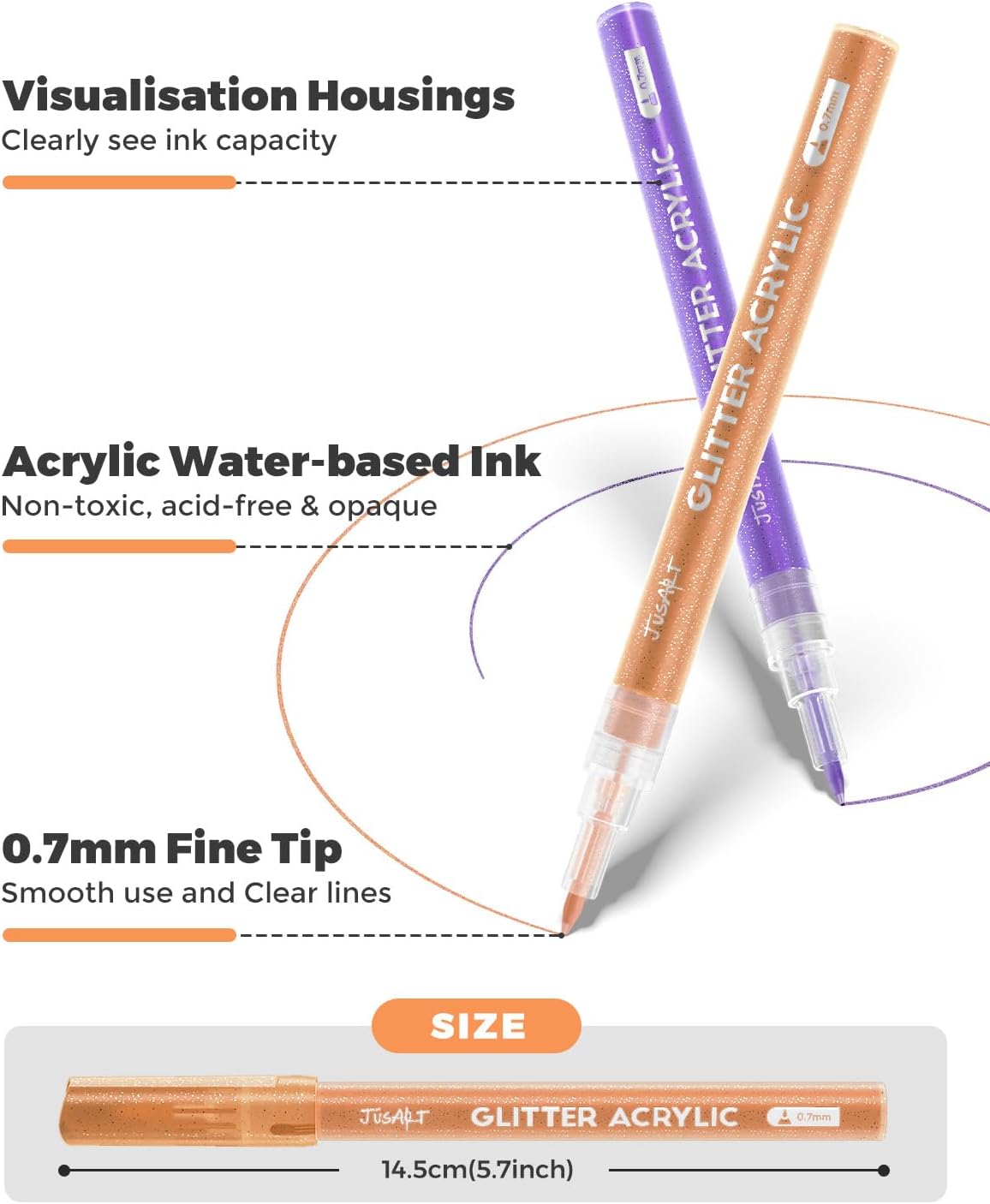 JusArt 32 Colors Glitter Markers, Glitter Paint Pens Sparkly and Shiny for DIY Card Making, Coloring, Scrapbooking, Glass, Wood, Stone, Fabric, Rock - 0.7mm Extra Fine Acrylic Paint Markers