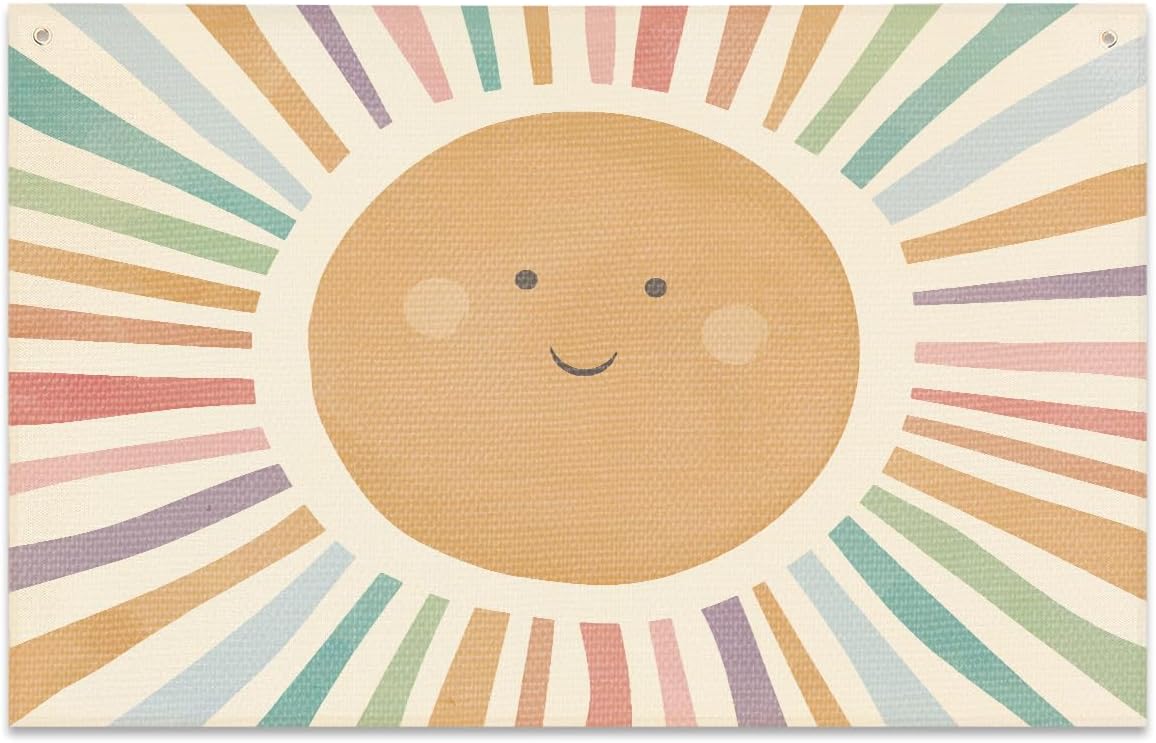 Watercolor Sun Banner Playroom Decor Banner Canvas 21 in x 33 in Hanging Flag Perfect for Kids Nursery and Playroom Wall Decor Stylish Room Decor for Boys and Girls