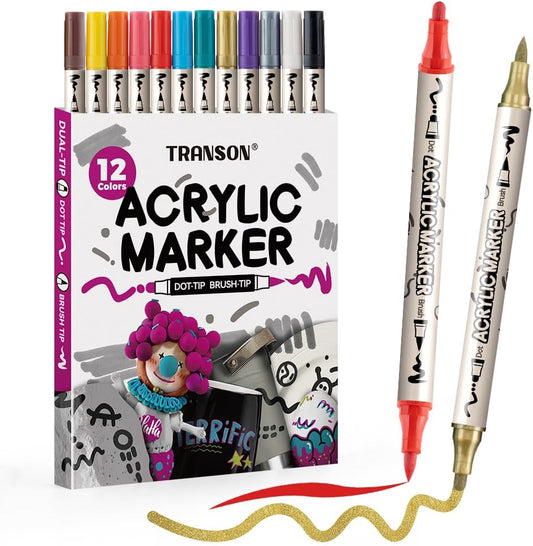 TRANSON 12 Colors Bold and Brush Dual-tip Acrylic Paint Marker Pen Set for Canvas Rock Wood Leather Ceramic DIY Painting