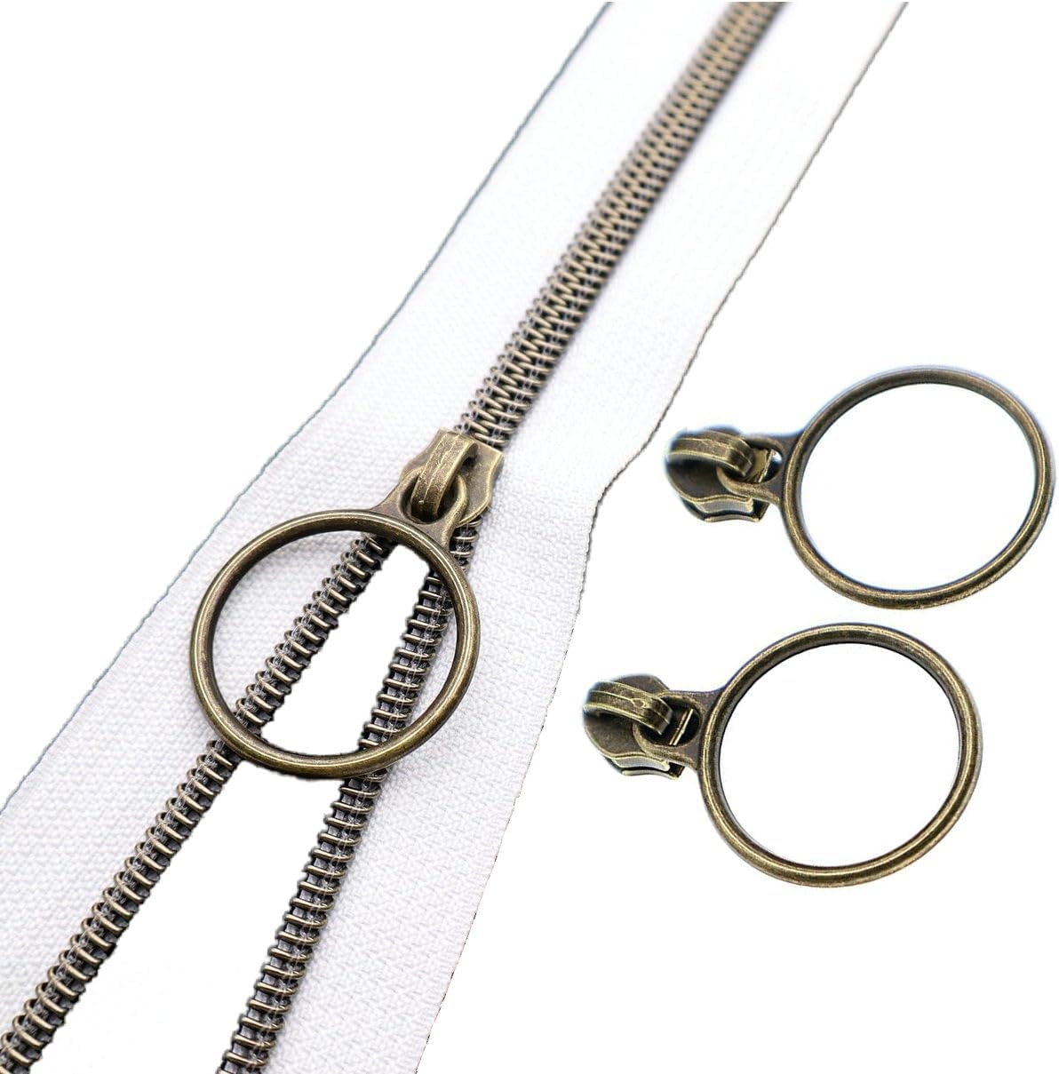 Leekayer #5 Antique Brass Metallic Nylon Coil Zippers by The Yard Bulk 10 Yards White Zipper Tape with 25pcs Antique Brass Ring Pull Sliders for DIY Sewing Tailor Craft Bag(White)