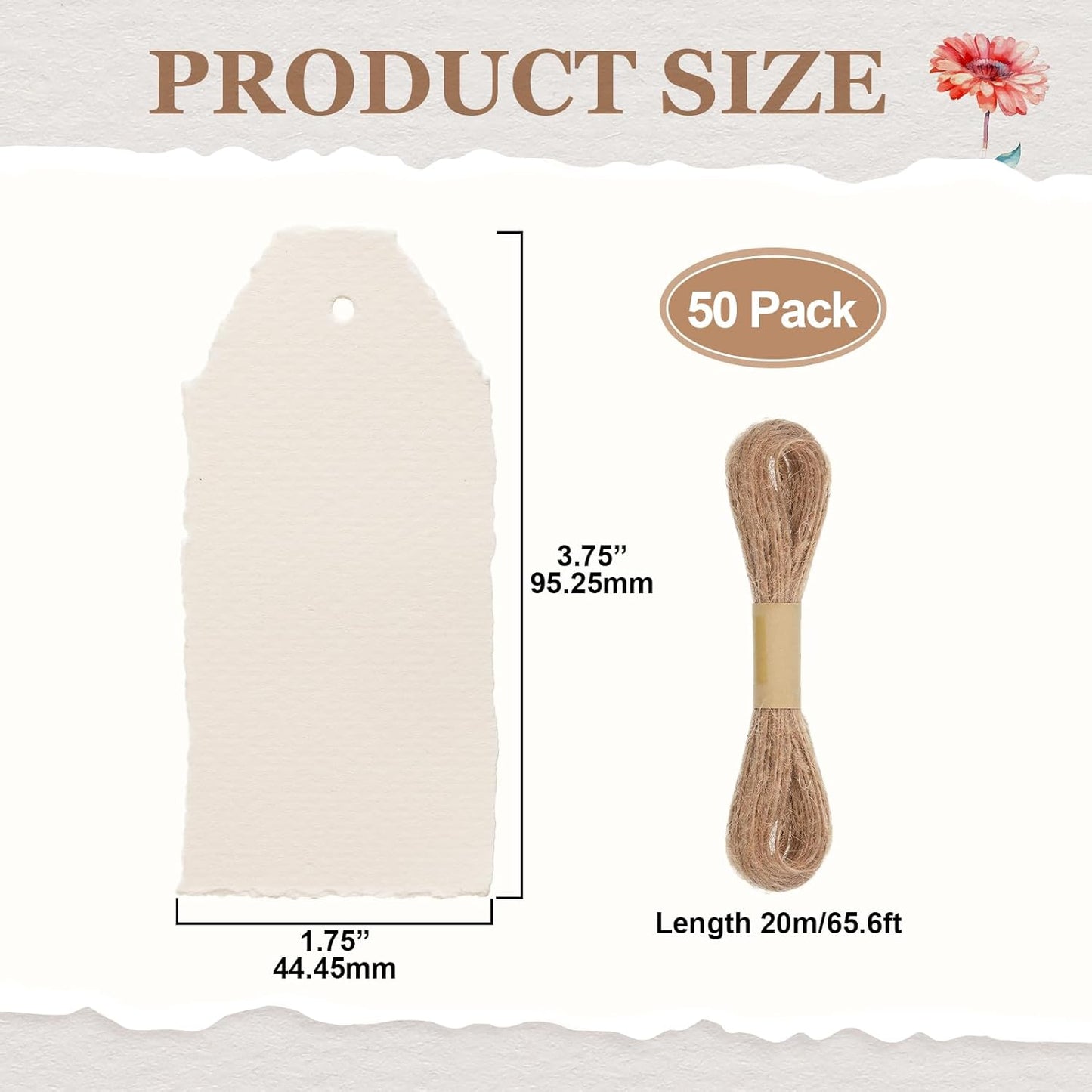 50 Pack Handmade Vintage Deckle Edge Tags with String 3.75 x 1.75 Thick 160 GSM Cotton Gift Tags with String Attached for Name Cards Place Cards Arts Crafts Gift(Vintage Beige)