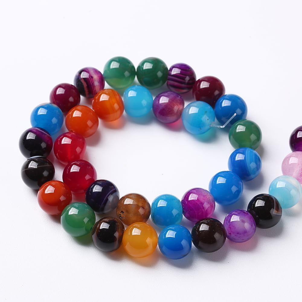 32pcs 12cm Natural Multicolor Stripe Agate Beads for Jewelry Making Natural Stone Energy Healing Beads DIY Bracelet Necklace 15" (12mm, Multicolor Stripe Agate)