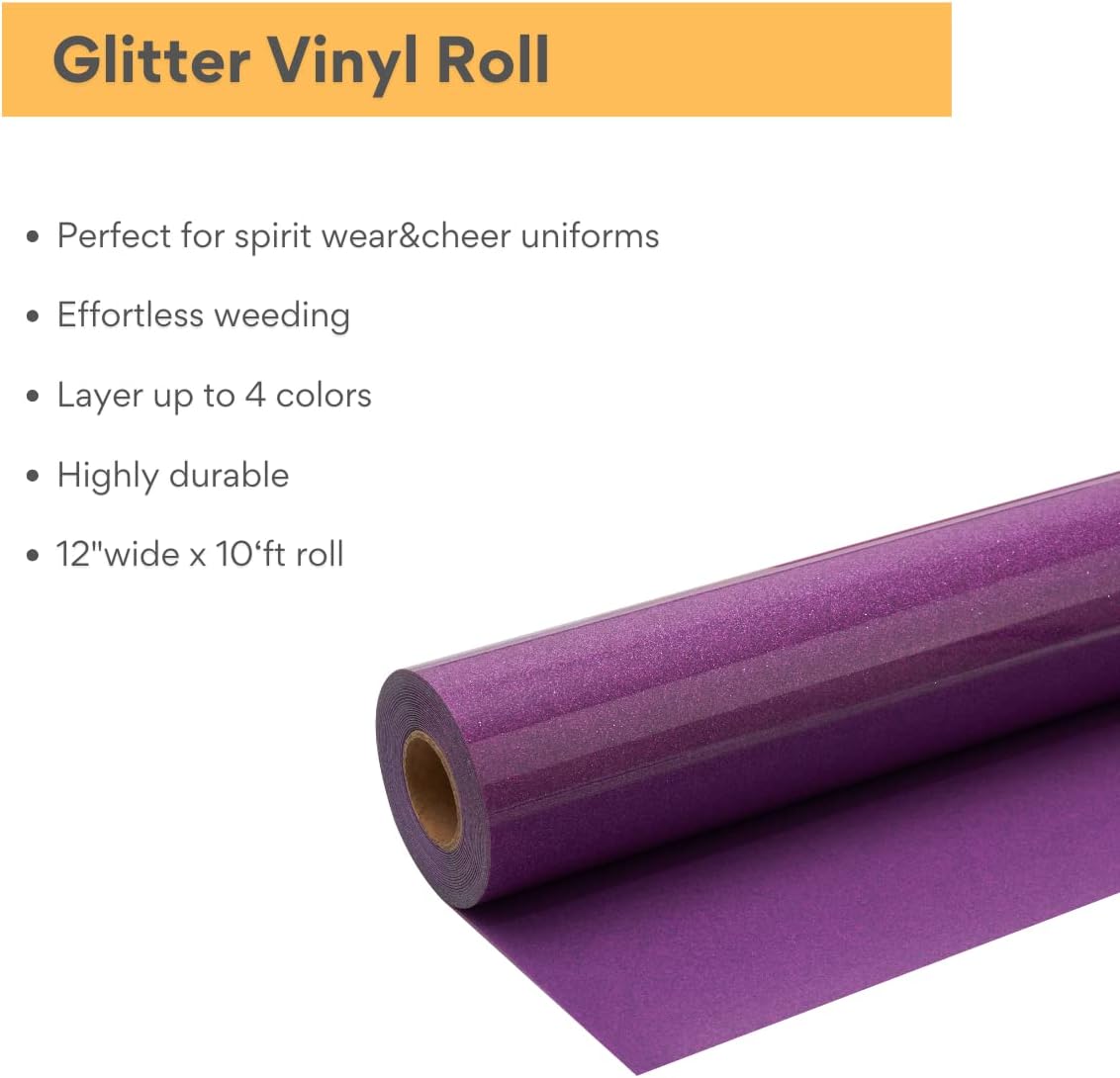 Purple Glitter HTV Roll -12" x10ft Iron on Heat Transfer Vinyl for DIY Shirts Gifts