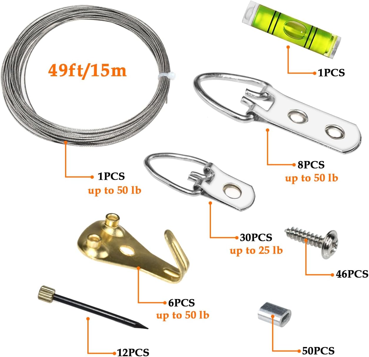 SDTC Tech Picture Wire Hanging Kit Supports Up to 40lbs with D-Rings, Wall Hanging Hooks, 50ft Stainless Steel Wire Rope, Level, Aluminum Crimping Loop Sleeve & Screws for Painting Photo Mirror Frame