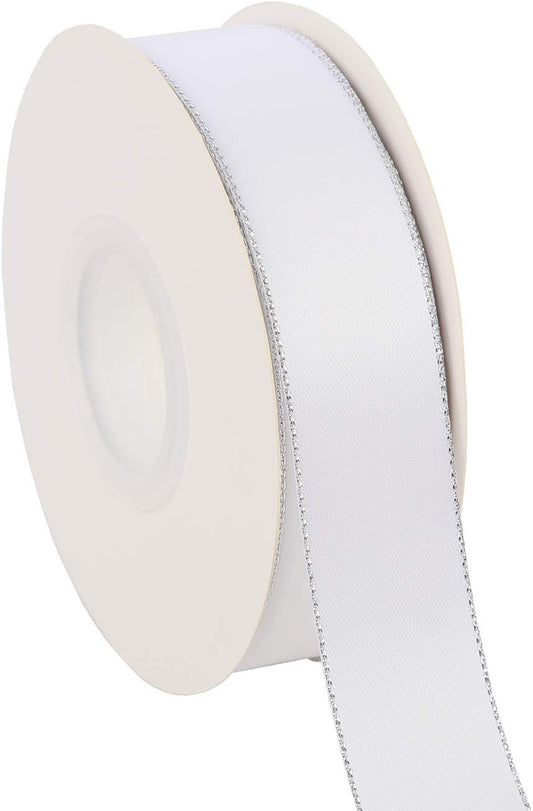 ITIsparkle 1" Inch Double Faced Satin Ribbon 25 Yards with Silver Edges, 1" X 25Yd - White