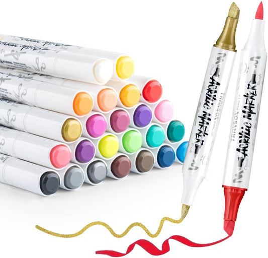 TRANSON 24 Colors Chisel and Brush Dual-tip Acrylic Paint Marker Pen Set for Canvas Rock Wood Leather Ceramic DIY Painting