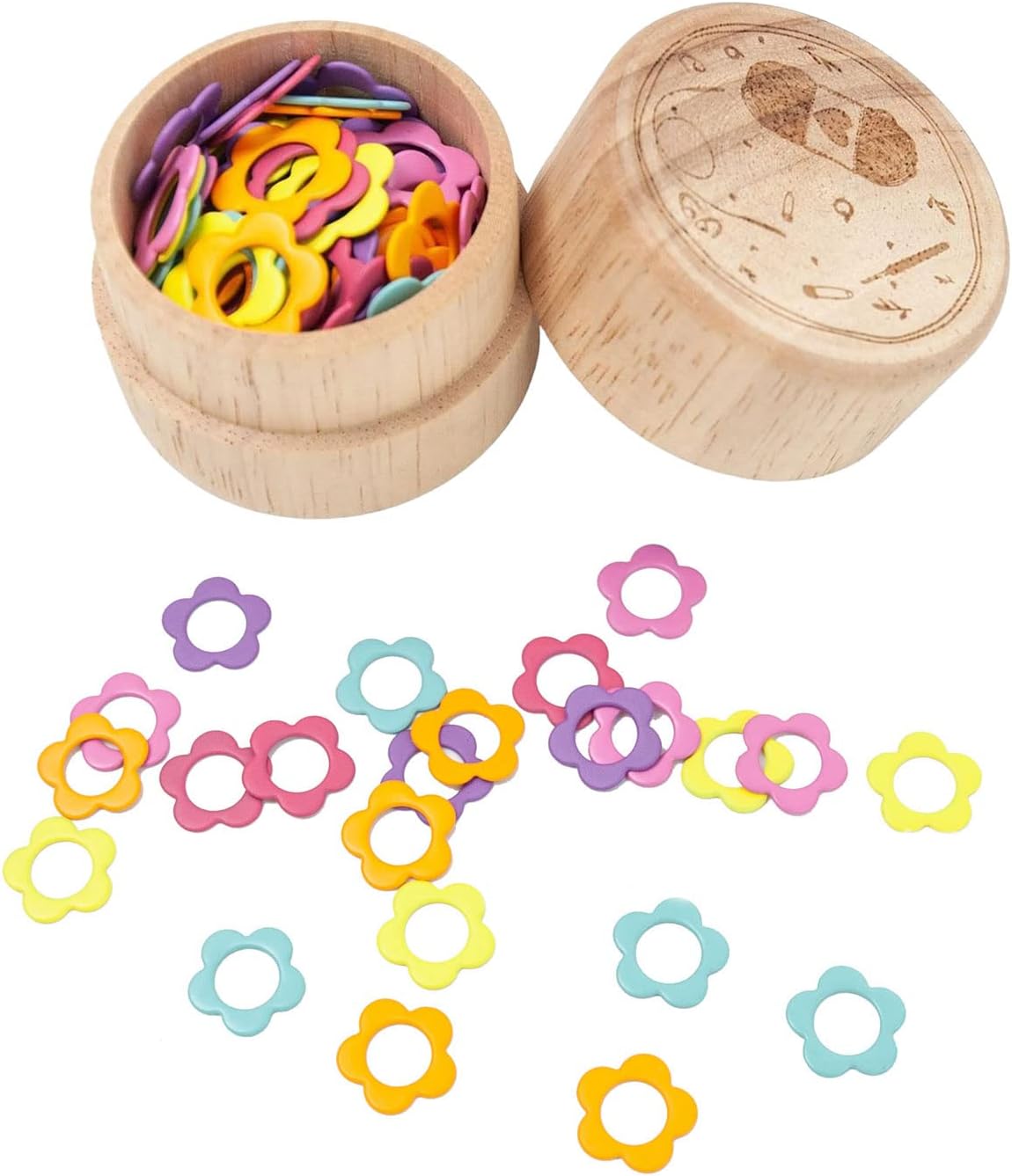 Hilsayum 60PCS Multicolor Stitch Markers Flower Shape Metal Ring Stitch Stoppers Mini Crochet Locking Markers with Wooden Storage Box (Multicolor)