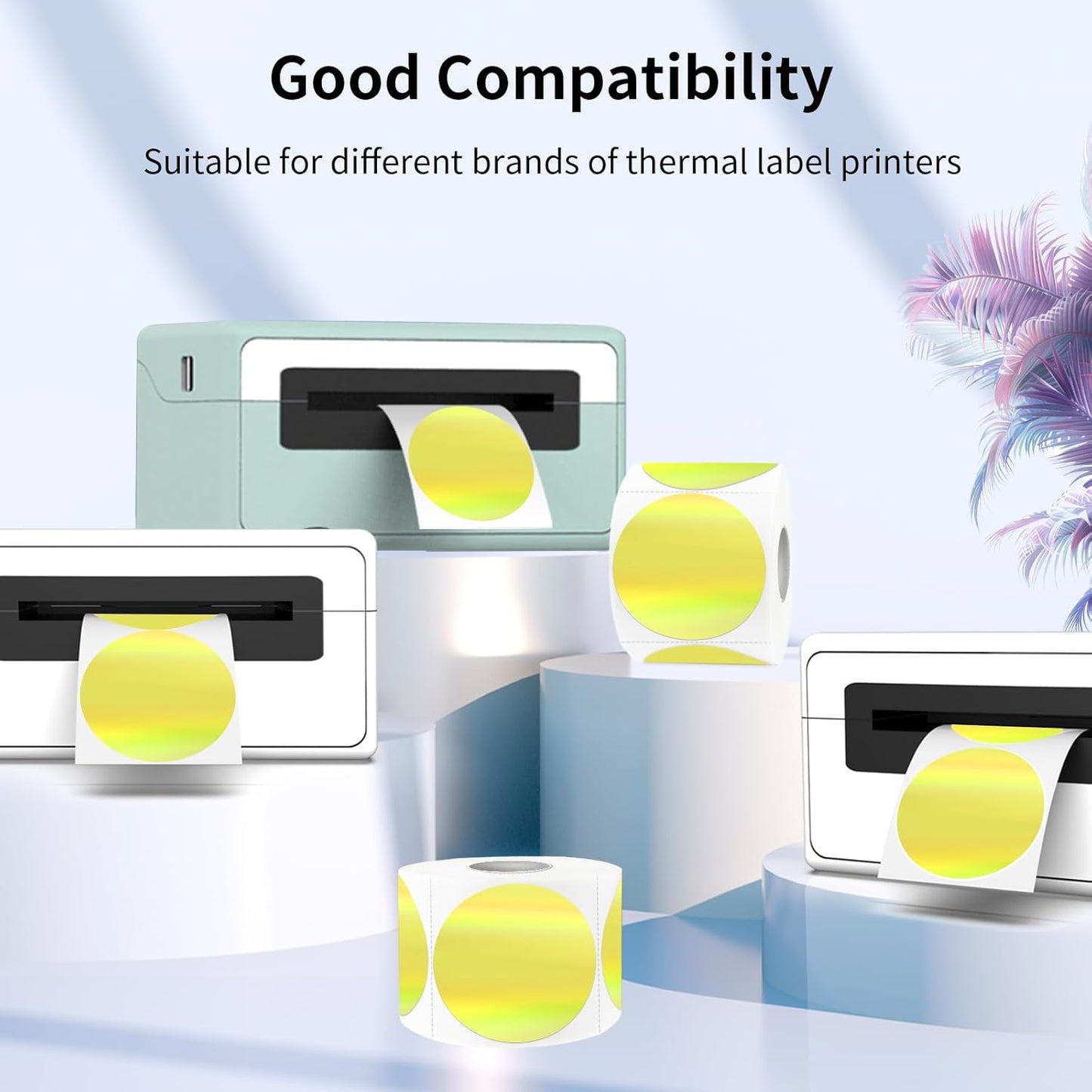 2" Circle Holographic Thermal Label Stickers, Round Printable Rainbow Glitter Thermal Printer Sticker Labels for Gift Wrapping, Self-Adhesive Name Price Tag DIY Custom Logo Design- Yellow