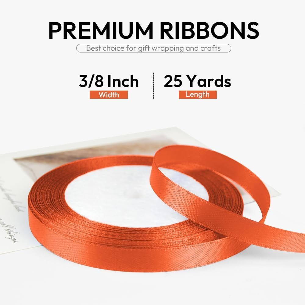 3/8 Inch 25 Yards Satin Ribbon Autumn Orange, Solid Color Fabric Ribbon for Gift Wrapping, Wedding, Polyester Gift Ribbon for Birthday Party Decoration, Craft, Hair, Floral, Sewing