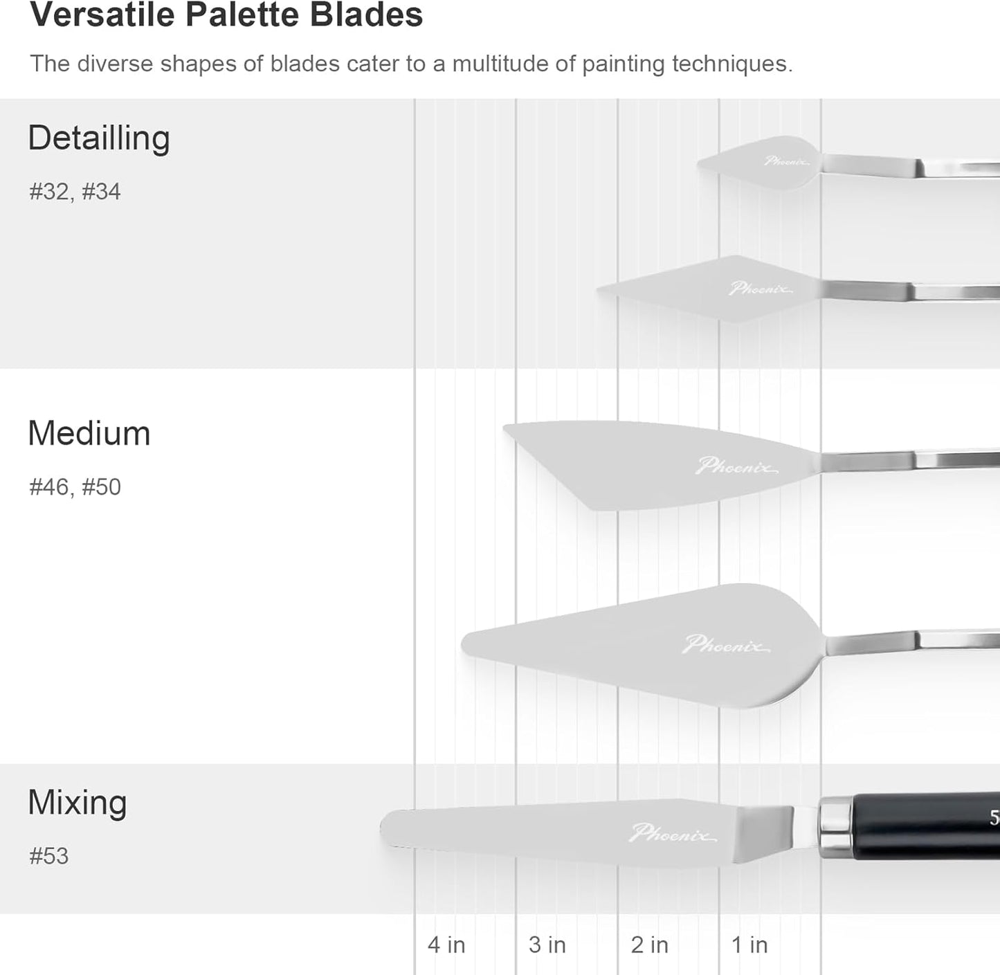 PHOENIX High Flexible Palette Knife Set, 5 Pieces Stainless Steel Painting Knives (32,34,50,46,53) Art Knife with Wood Handle, Paint Spatula for Oil Acrylic Paint