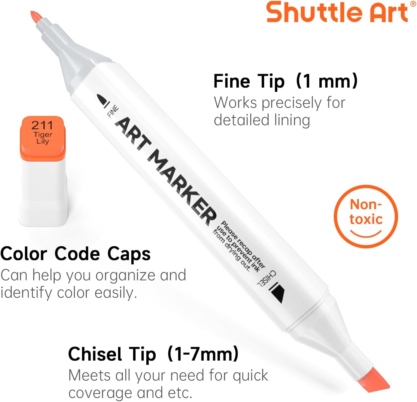 Shuttle Art 172 Colors Dual Tip Alcohol Based Art Markers,171 Colors plus 1 Blender Permanent Marker 1 Marker Pad with Case Perfect for Kids Adult Coloring Books Sketching and Card Making
