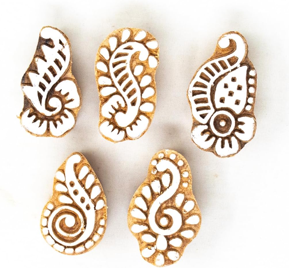 Hashcart Small Wooden Stamp Block - Printing Stamp Design Set | Block for Printing Saree Border | Dresses, Craft Card Making, Scrapbook, Clay Pottery | Set of 5