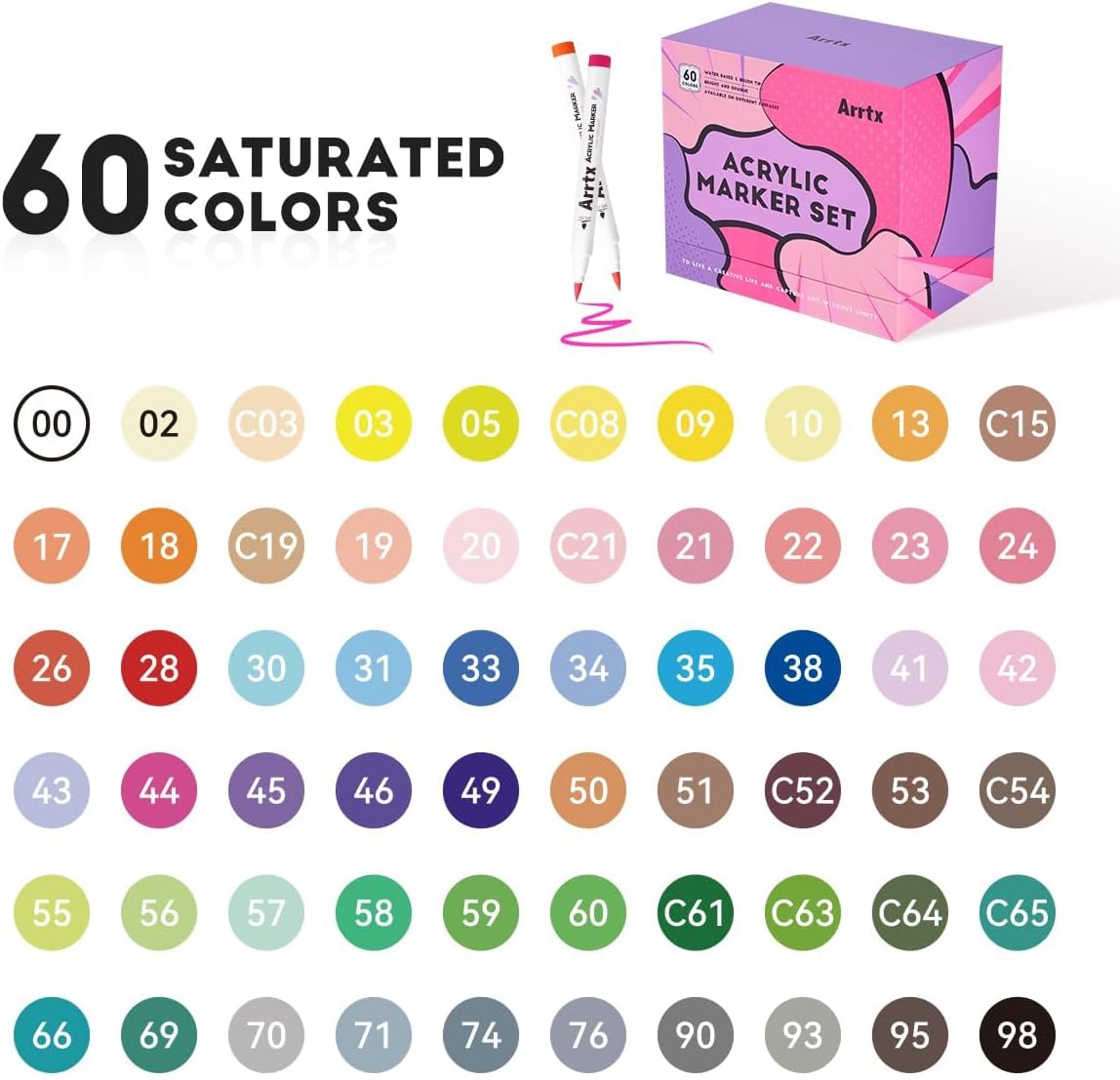 Arrtx 60 Colors Paint Markers Pens, Acrylic Paint Pens for Artists Adults Coloring Drawing Cartoon Anime Comic - Brush Tip for Rock Painting, Wood, Canvas, DIY Crafts Making Art Supplies-60B