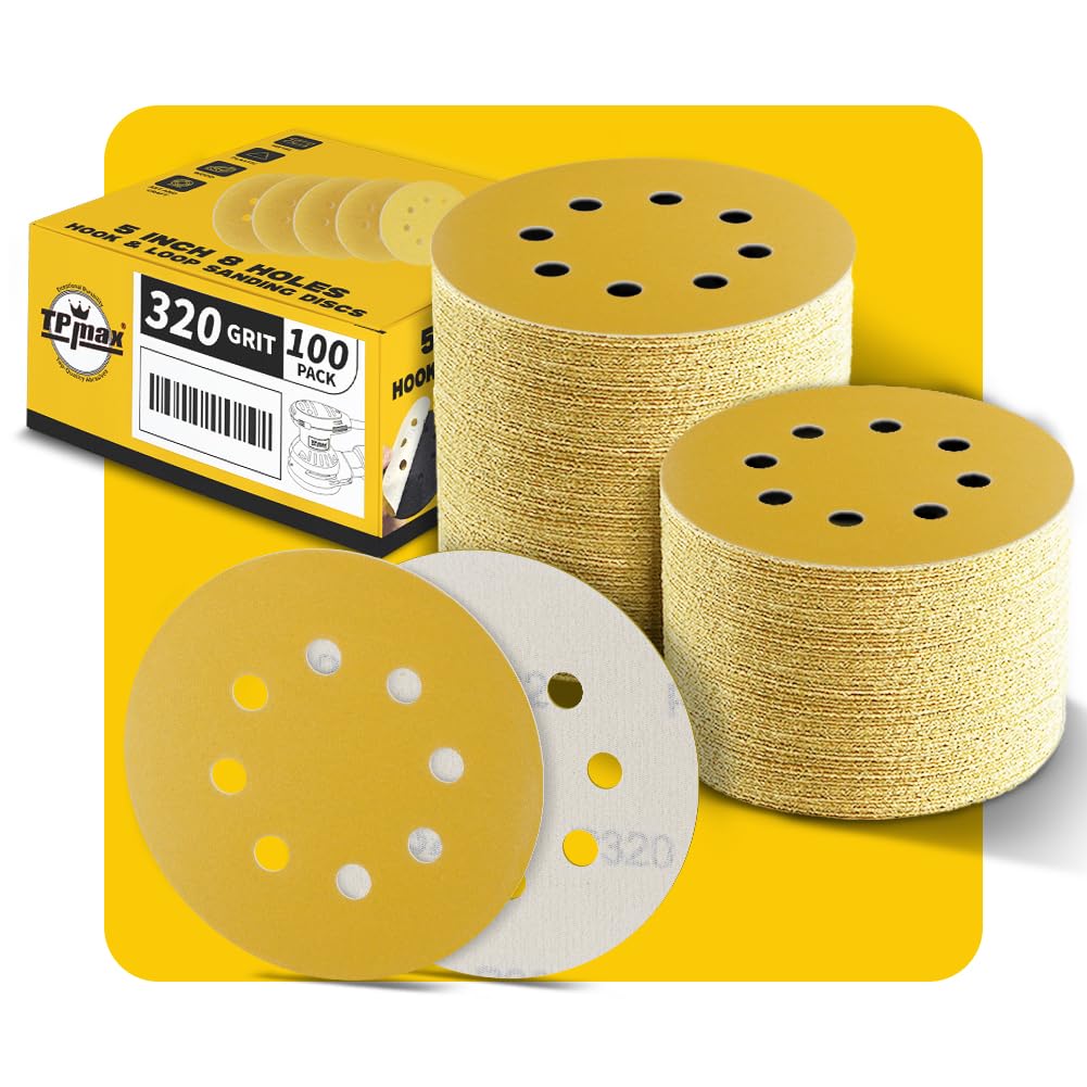 100PCS 5 Inch 320 Grit 125mm 8 Hole Sanding Discs Sandpaper - Premium Gold Round Hook and Loop for Random Orbital Sander - Ideal for Wood, Metal, Automotive