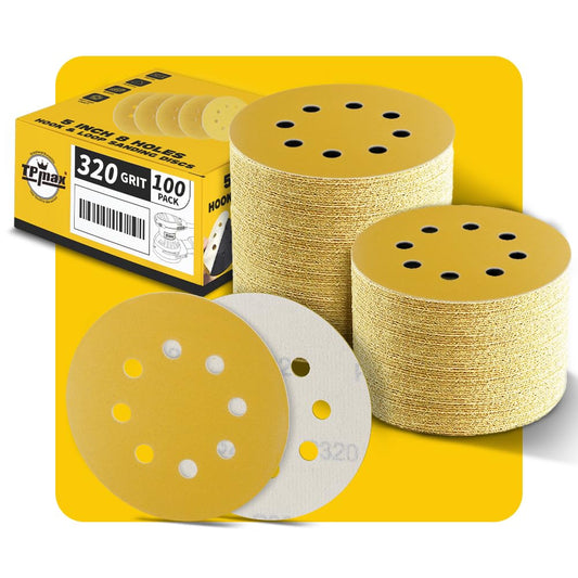 100PCS 5 Inch 320 Grit 125mm 8 Hole Sanding Discs Sandpaper - Premium Gold Round Hook and Loop for Random Orbital Sander - Ideal for Wood, Metal, Automotive