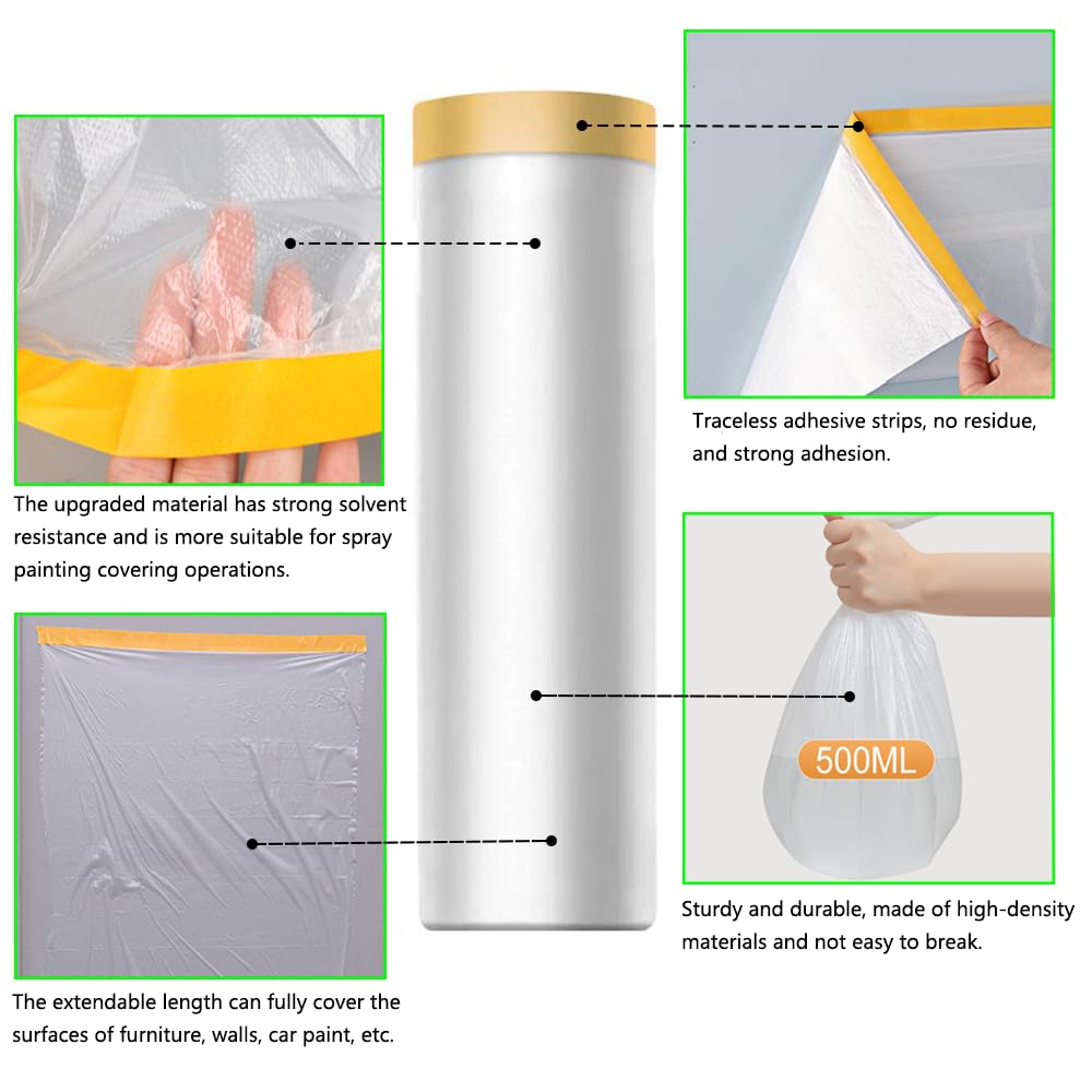 Pre-Taped Masking Film-43inx65ft Tape and Drape Painters Plastic Rolls, Plastic Painting Film for Automotive Painting Covering,Protective Drop Film for Furniture, Car, Floor (2rolls, 43in×65ft)