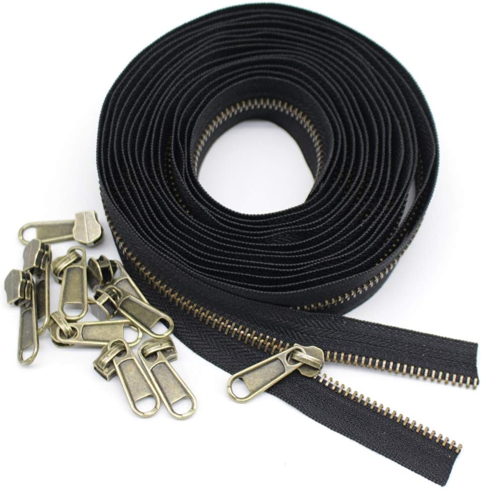 YaHoGa #5 Metal Zippers by The Yard Bulk 4 Yards + 10 pcs Sliders for Bags DIY Sewing Tailor Crafts (Anti-Brass Teeth)