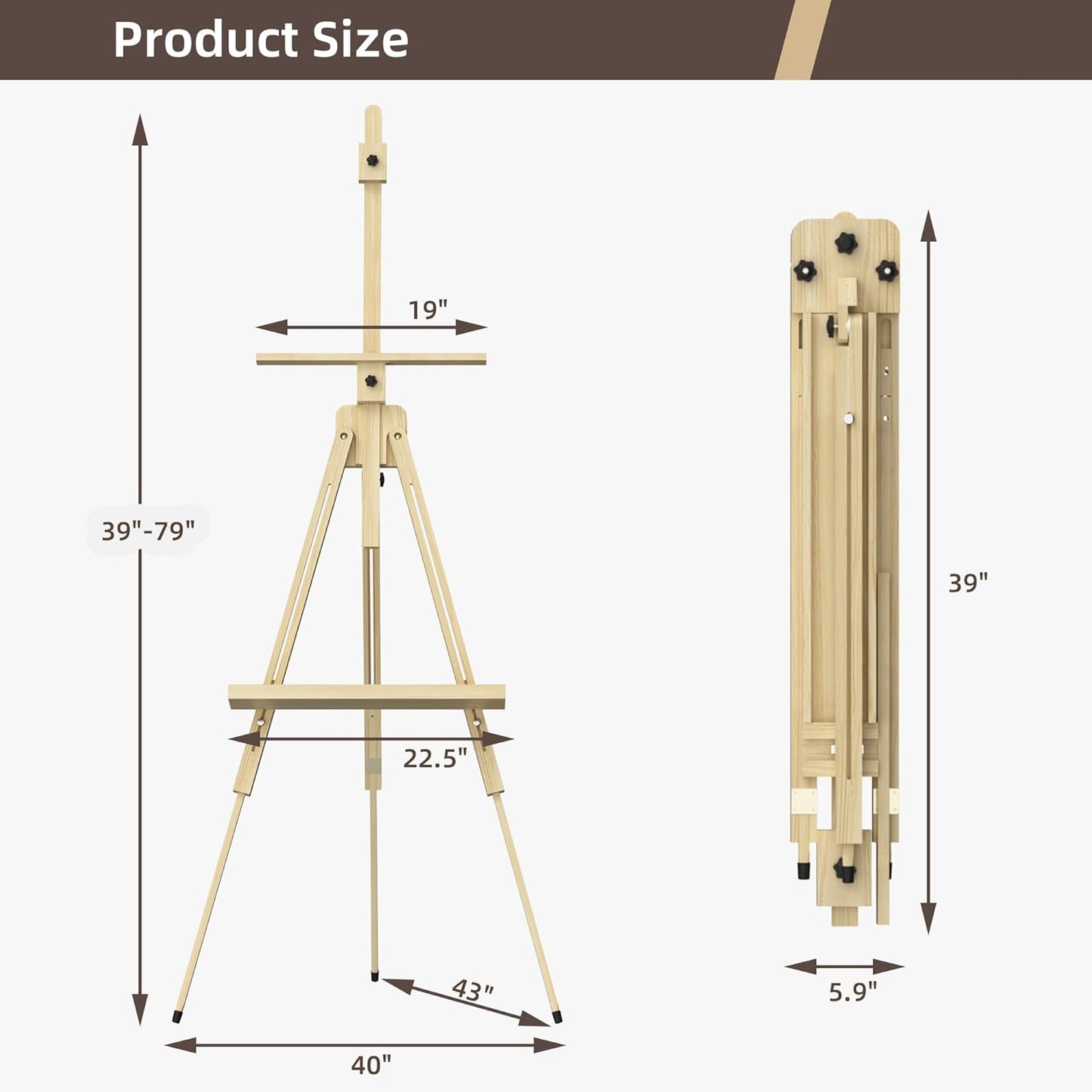 Tripod Easel for Painting, Art Wooden Easel Stand for Adults or Students, Hold 1 or 2 Canvas up to 60’’, Display Portable Easel for Drawing, Landscape Artist, Wedding Sign, Pine