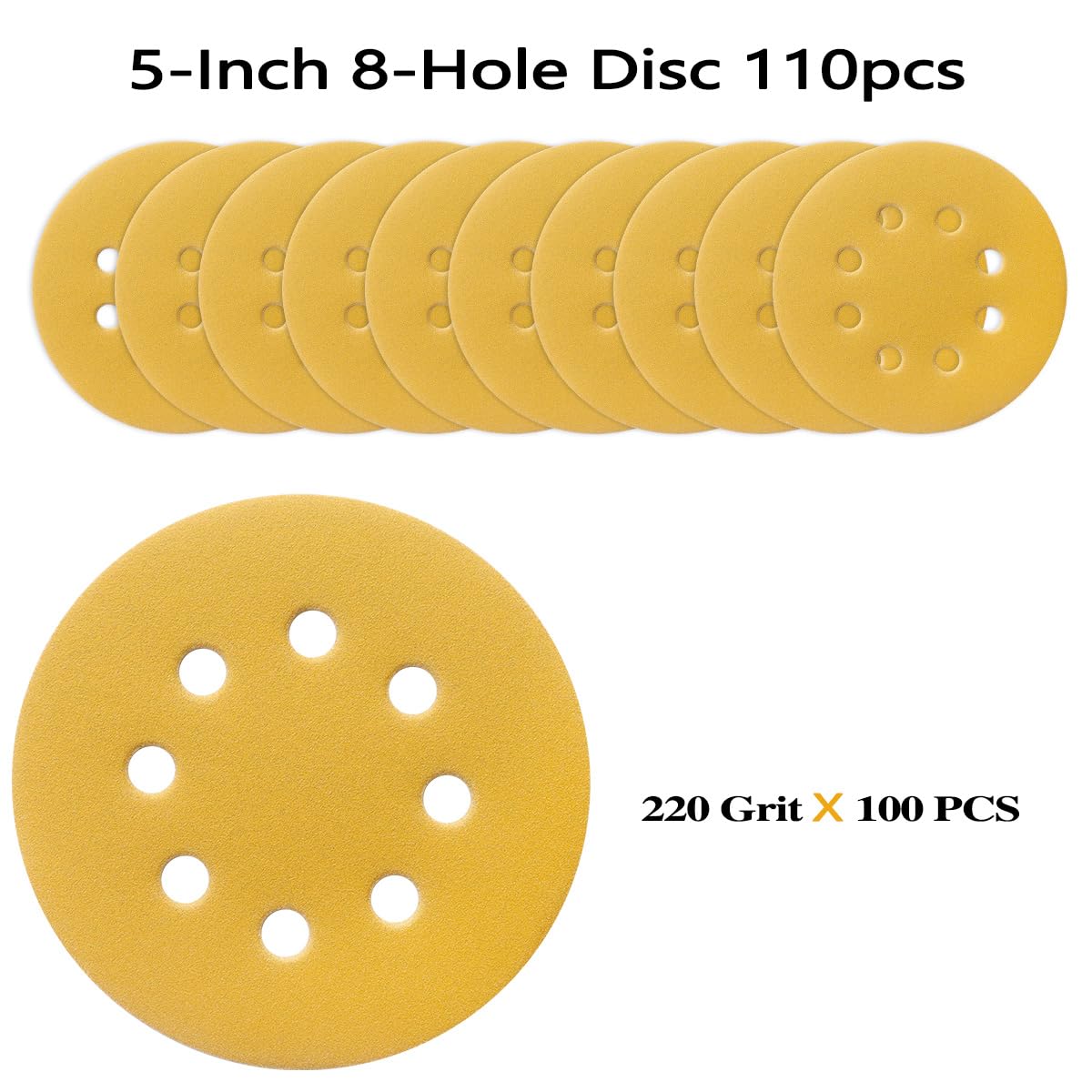 100PCS 5 Inch 8 Hole Sanding Discs 220 Grit,Gold Round Hook and Loop Sandpaper for Random Orbital Sander