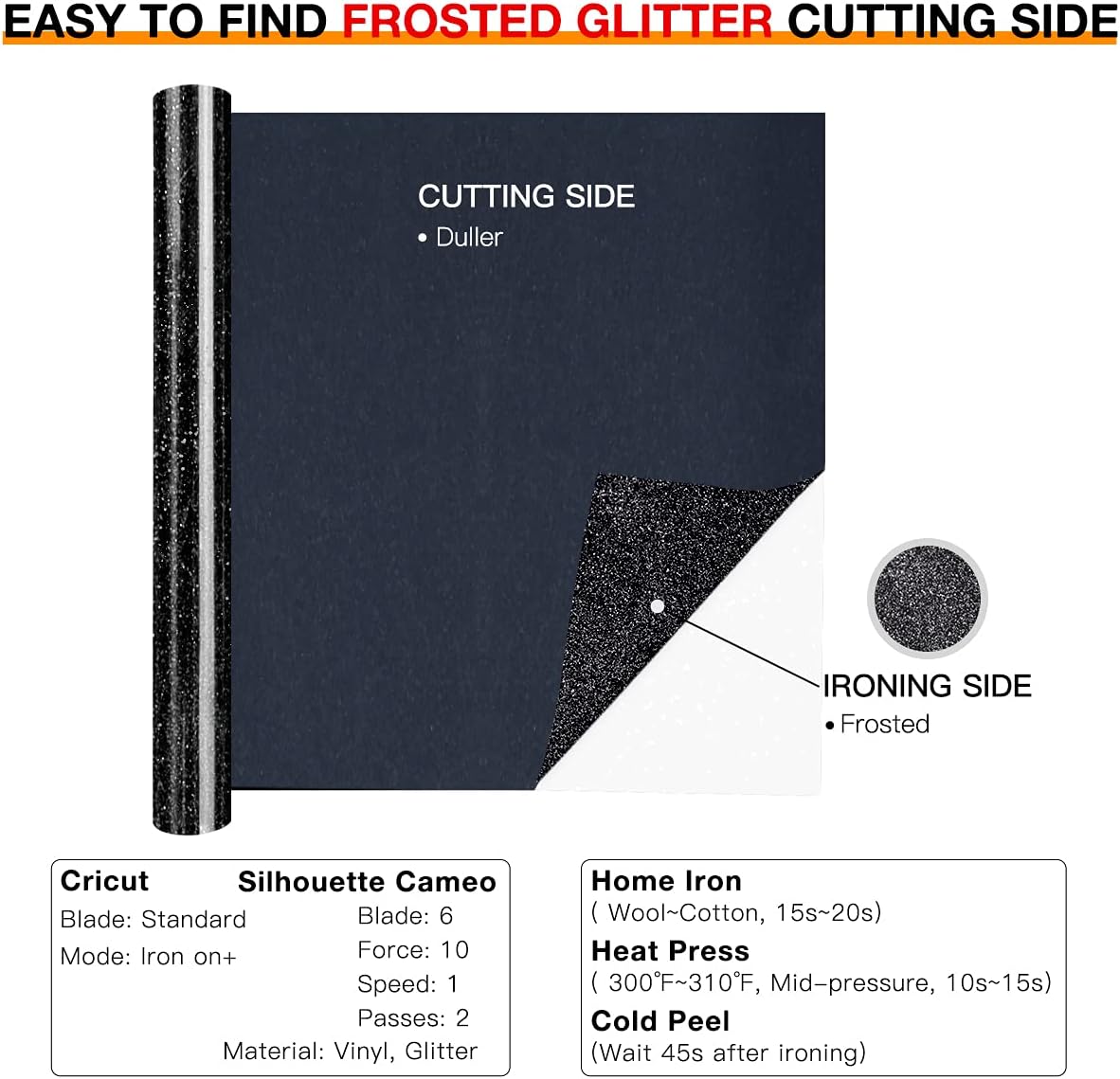 HTVRONT Black Glitter HTV Vinyl Roll - 10" x 8ft Black Glitter Iron on Vinyl for All Cutting Machines, Easy to Cut & Weed & Transfer