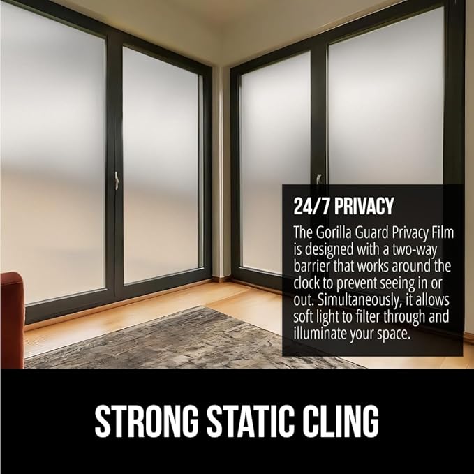 Gorilla Guard Window Privacy Film, Removable Two Way Sun Blocking, Reusable No Residue Stickers, Strong Static Clings to Glass Windows, Decorative Bathroom Door Coverings, 17.5 x 78.7 Inch, White