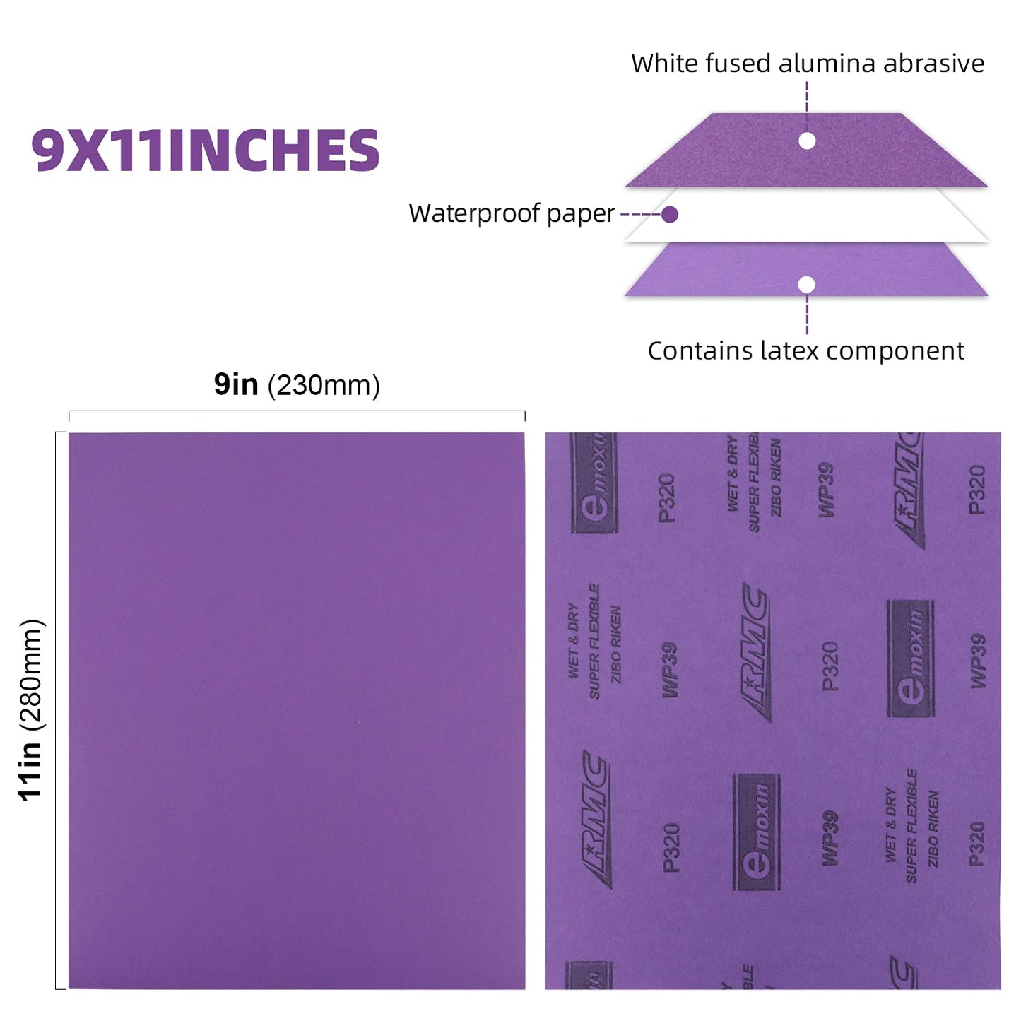 Sandpaper 320 Grit 20 PCS, Wet Dry Sanding Sheets 9 x 11 Inch, Purple Alumina Abrasive Sand Paper for Wood, Metal, Drywall, Resin, Automotive Sanding, Polishing, Grinding, by POLIWELL