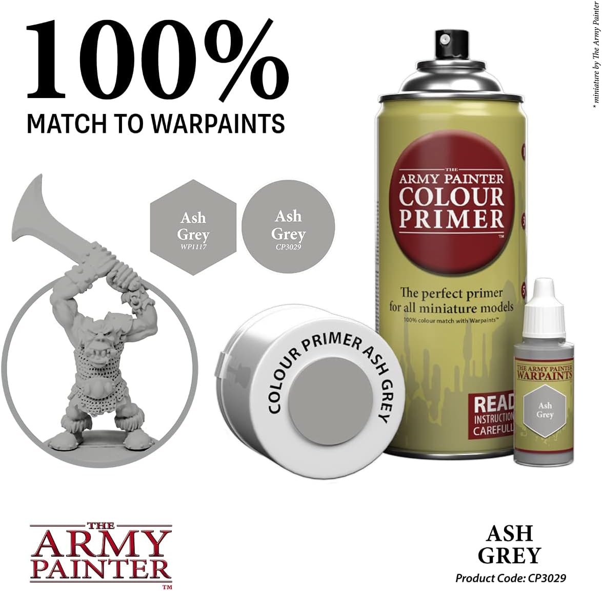 The Army Painter Colour Primer Ash Grey, 400 mL Acrylic Spray Primer, Spray Paint for Miniature Priming Basecoat, Tabletop Roleplaying, Boardgames, and Wargames Miniature Modelling