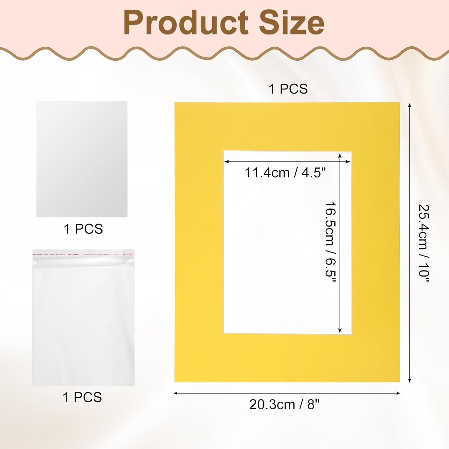 uxcell Picture Mats, 8 x 10 Mat Board Center for 5 x 7 Pictures Acid Free White Core Bevel Cut Frame Mattes with Backing for Display Art Measuring, Yellow