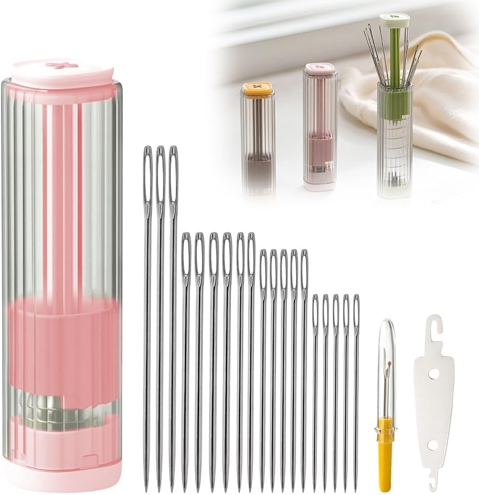 New Sewing Needle Case, Hand Sewing Needle Sewing Tool Set Threader Unthreader Tool, Upgrade Multi-Purpose Large-Eye Stitching Needle and Thread Kit for Leather (Pink)